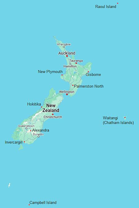Carte avec les villes - Nouvelle Zelande