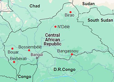Carte avec les villes - Republique Centrafricaine
