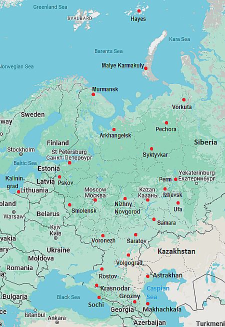 Carte avec les villes - Russie Europeenne