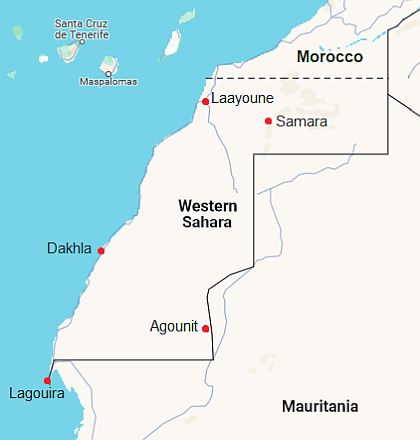 Carte avec les villes - Sahara Occidental
