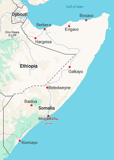 Carte avec les villes - Somalie