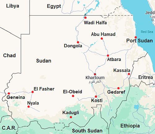 Carte avec les villes - Soudan