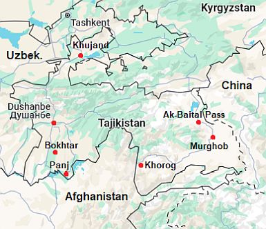 Carte avec les villes - Tadjikistan