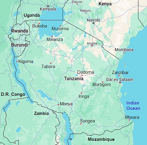 Carte avec les villes - Tanzanie