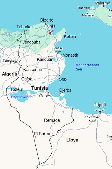 Carte avec les villes - Tunisie