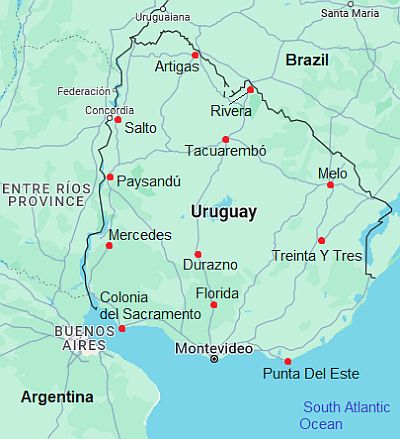 Carte avec les villes - Uruguay