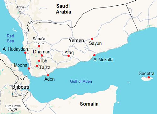 Carte avec les villes - Yemen