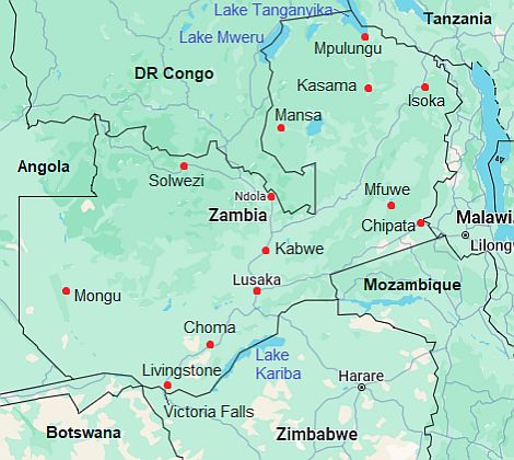 Carte avec les villes - Zambie
