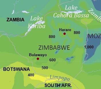 Carte avec les précipitations moyennes au Zimbabwe