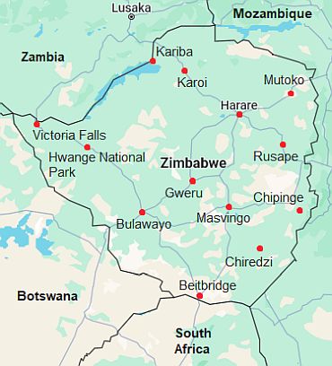 Carte avec les villes - Zimbabwe